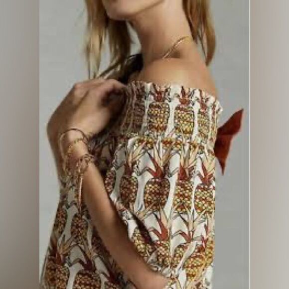 Anthropologie Cottagecore Off Shoulder Pineapple Bow Back Smocked Top Boho S - Picture 2 of 8